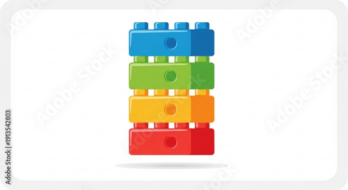 Colorful plastic building blocks stacked vertically on white background for kids