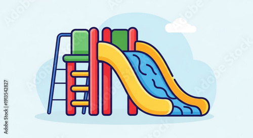 Colorful playground slide and climbing frame on a sunny day with clouds