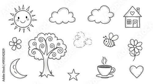 Whimsical illustration of a sunny day with a house, tree, flowers, and coffee cup, showcasing simple line art and playful doodles in a minimalist style