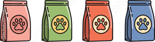 Pet Food Packaging Set Featuring Colorful Bags in Pink Green Red and Blue with Paw Print Icons for Dog and Cat Nutrition