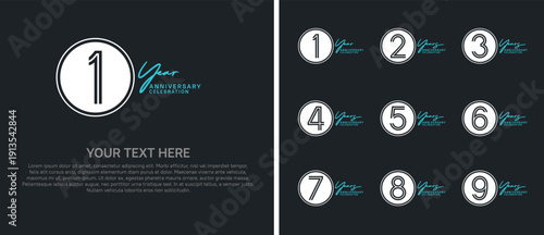 anniversary logo set with circle. white and green color on black background for celebration moment