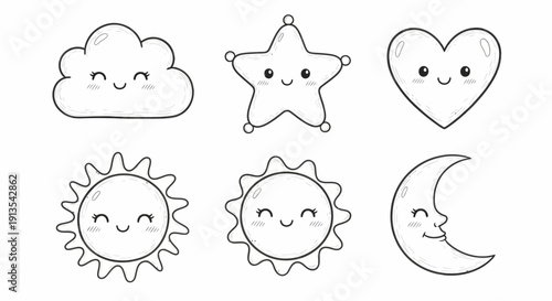 A collection of simple line drawings of celestial elements and emotions in a childlike style.