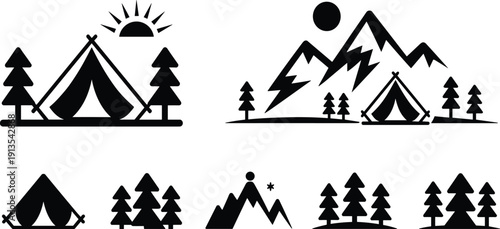 Camping and Mountain Adventure Icon Set with Tent, Pine Trees and Alpine Landscape Silhouettes for Outdoor Travel, Nature Exploration and Vector Logo Design