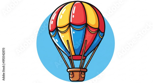 Vibrant hot air balloon soars through clear blue sky in playful cartoon style with red yellow and blue colors