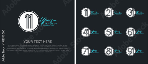 anniversary logo set with circle. white and green color on black background for celebration moment