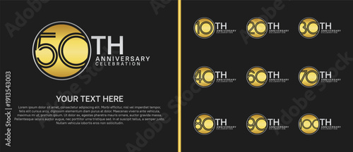 anniversary logo set with circle. gold and silver color on black background for celebration moment