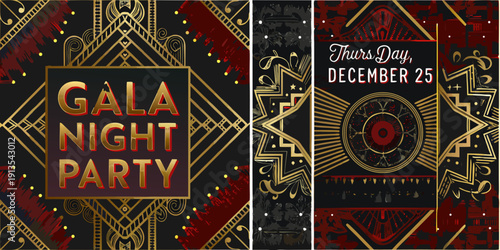 Art deco gala night party invitation with geometric designs and gold accents