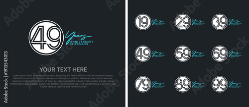 anniversary logo set with circle. white and green color on black background for celebration moment