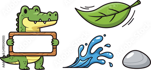 Cute Crocodile Character Holding Blank Wooden Sign with Green Leaf Water Splash and Smooth Grey Stone Nature Icon Vector Set