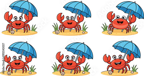 Cute Cartoon Red Crab Character on Sand Beach under Blue Umbrella with Seashells and Green Grass Summer Vacation Vector Set