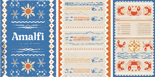 Vintage style travel posters featuring coastal motifs and crab illustrations