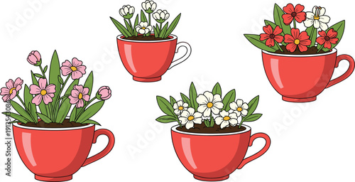 Cute Potted Flower Set Featuring Red Teacups Used as Flowerpots with Pink White and Red Blossoms for Home Garden Decoration