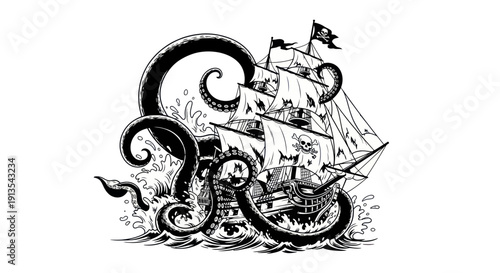 Pirate Ship Attacked by Giant Kraken Monster in Stormy Sea