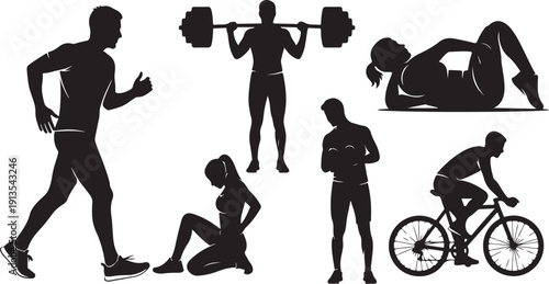 Silhouettes of people engaging in various fitness activities together