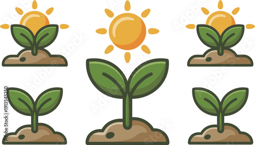 Green Plant Growth Icon Set Featuring Young Sprouts in Soil and Bright Sun Symbols for Nature Gardening and Ecology Concepts