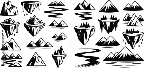 Mountain and Floating Island Vector Illustration Bundle, Black and White Nature Landscape Elements with Rivers and Peaks for Logo, Tattoo and Design Use