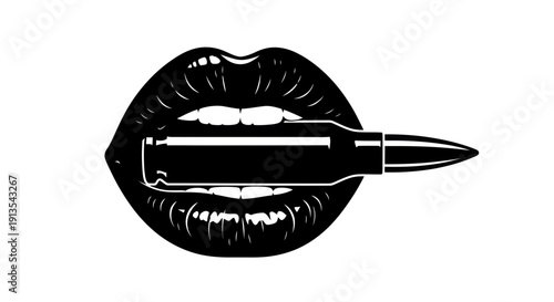 Black and White Illustration of Lips Holding a Bullet, Symbolizing Danger and Power