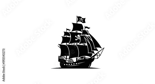 Black Silhouette Pirate Ship with Jolly Roger Flag on White Background