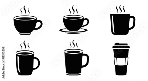 Collection of Hot Coffee Cups and Mugs Icons Set