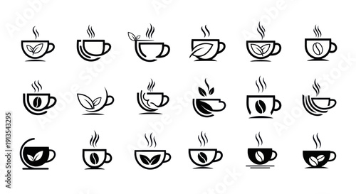 Coffee Cup Icons Set: Hot Drinks, Leaves, Beans, Steam - Vector Art