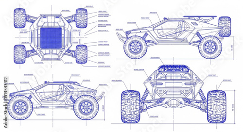 Detailed blueprint schematic of a futuristic off-road vehicle.