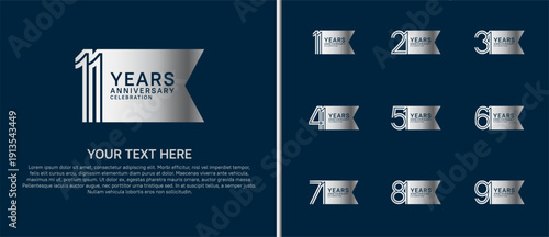 anniversary logo set with ribbon shape. silver color on blue background for celebration moment