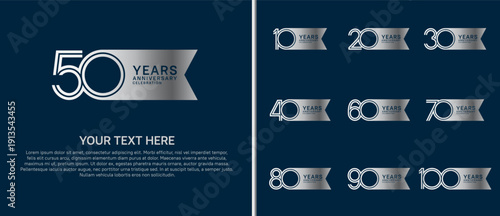 anniversary logo set with ribbon shape. silver color on blue background for celebration moment