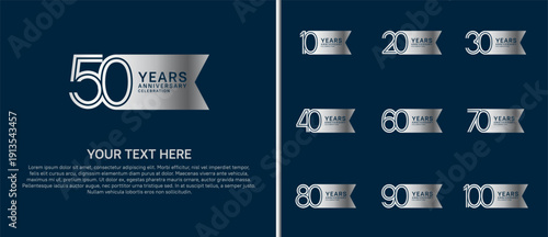 anniversary logo set with ribbon shape. silver color on blue background for celebration moment