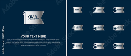 anniversary logo set with ribbon shape. silver color on blue background for celebration moment