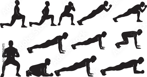 Silhouette of a man doing various exercises and stretches