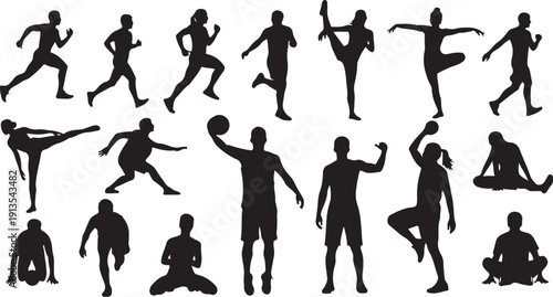 Collection of black silhouettes of people in various poses