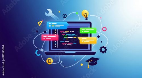 E learning coding illustration with laptop graduation cap and colorful chat bubbles on blue background
