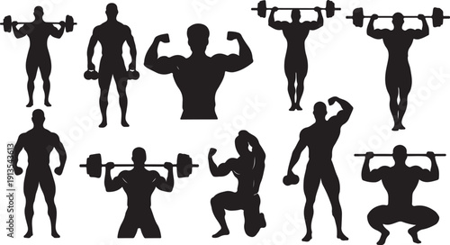 Silhouette of various fitness exercises with dumbbells and barbells