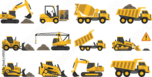 Collection of Yellow Construction Vehicle Vectors, Heavy Machinery Icons, Excavators, Dump Trucks, Forklifts, and Bulldozers for Industrial Building Site Equipment Design.