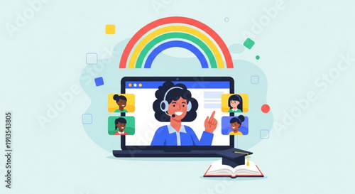 Customer support agent working on laptop with headset and rainbow symbolizing diversity and inclusivity in online communication