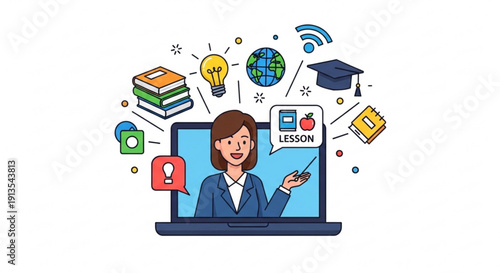 Woman teaching online lesson on laptop surrounded by education icons including books graduation cap and wi fi symbol