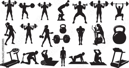 Fitness Silhouettes of People Exercising with Various Equipment Illustration