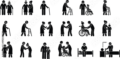 Elderly care stick figure vector set with nursing home scenes, senior people with wheelchairs, walkers, and caregivers for medical design.