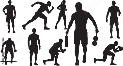 Silhouettes of people exercising with various fitness equipment outdoors