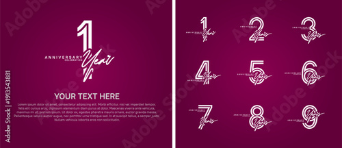 anniversary logo set with handwriting. white color on purple background for celebration moment