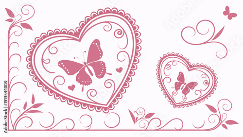 Valentine pink border and frame collection. Ornate heart-shaped lace templates, romantic vintage for wedding cards, love invitations and feminine decorations