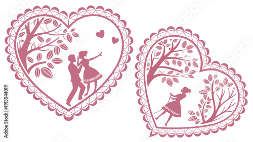 Valentine pink border and frame collection. Ornate heart-shaped lace templates, romantic vintage for wedding cards, love invitations and feminine decorations