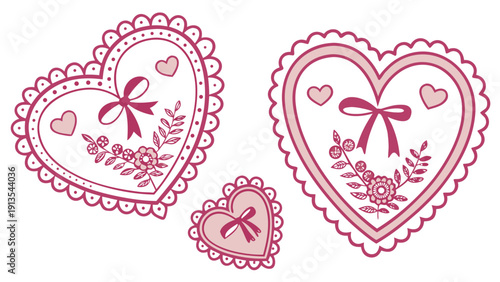 Valentine pink border and frame collection. Ornate heart-shaped lace templates, romantic vintage for wedding cards, love invitations and feminine decorations