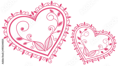 Valentine pink border and frame collection. Ornate heart-shaped lace templates, romantic vintage for wedding cards, love invitations and feminine decorations