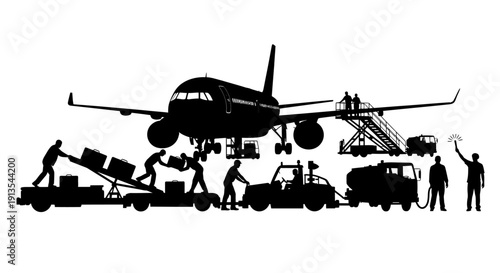 Airport Ground Crew Loading Cargo into Aircraft on Tarmac with Vehicles and Equipment from Various Angles