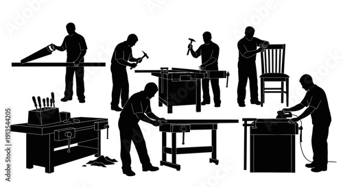 People working together in a workshop, using various tools and equipment to create furniture and other wood products from different viewpoints