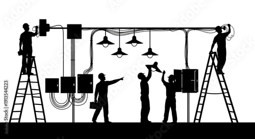 Technicians installing lighting system on ceiling with ladders and equipment in industrial setting