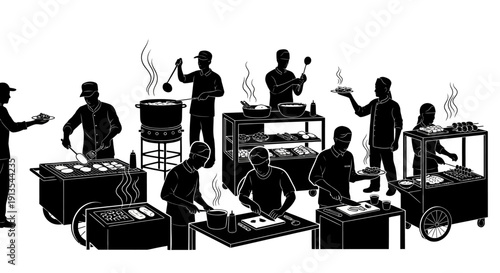 Street Food Vendors Preparing Culinary Delights at Bustling Market Stalls