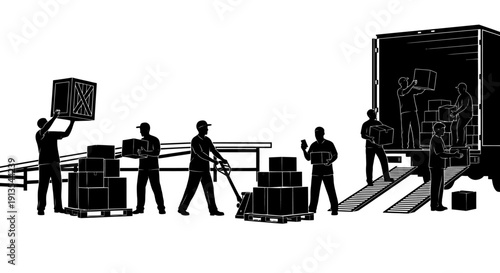 Workers loading crates into a large container from a warehouse platform