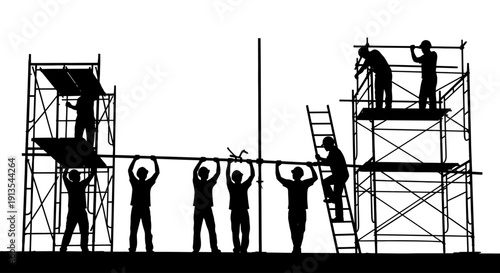 Construction workers assembling scaffolding on a building site with heavy machinery and equipment nearby
